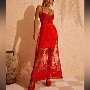 Red Lace Maxi Corset Dress Floral Mesh Sequin Elegant Long Bodycon Evening Gown